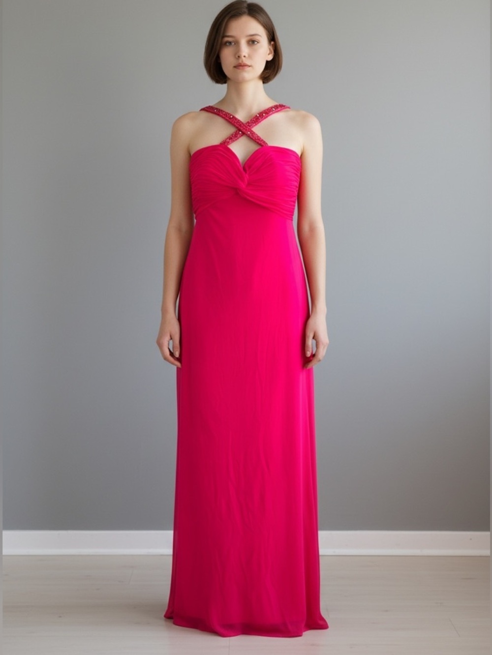 Betsy & Adam Hot Pink Crisscross Formal Dress